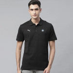 Men Black BMW Striped Polo Collar Pure Cotton Motorsports T-shirt