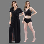 Women Black Solid Satin 3 Piece Nightwear Set